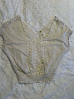 Free People Cream Lace-Inset Smocked Hem Crop Top